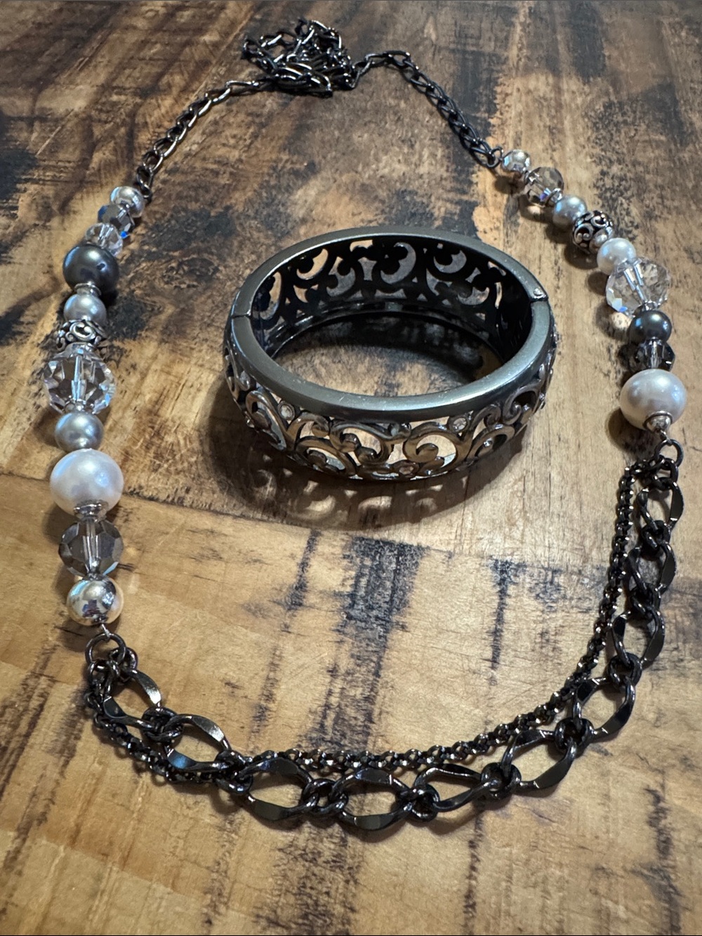 Brighton Gunmetal Chain Necklace and Bracelet with Crystal and Pearl Accents